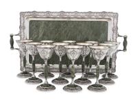 A Set of Twelve American Silver and Hardstone Goblets with Tray