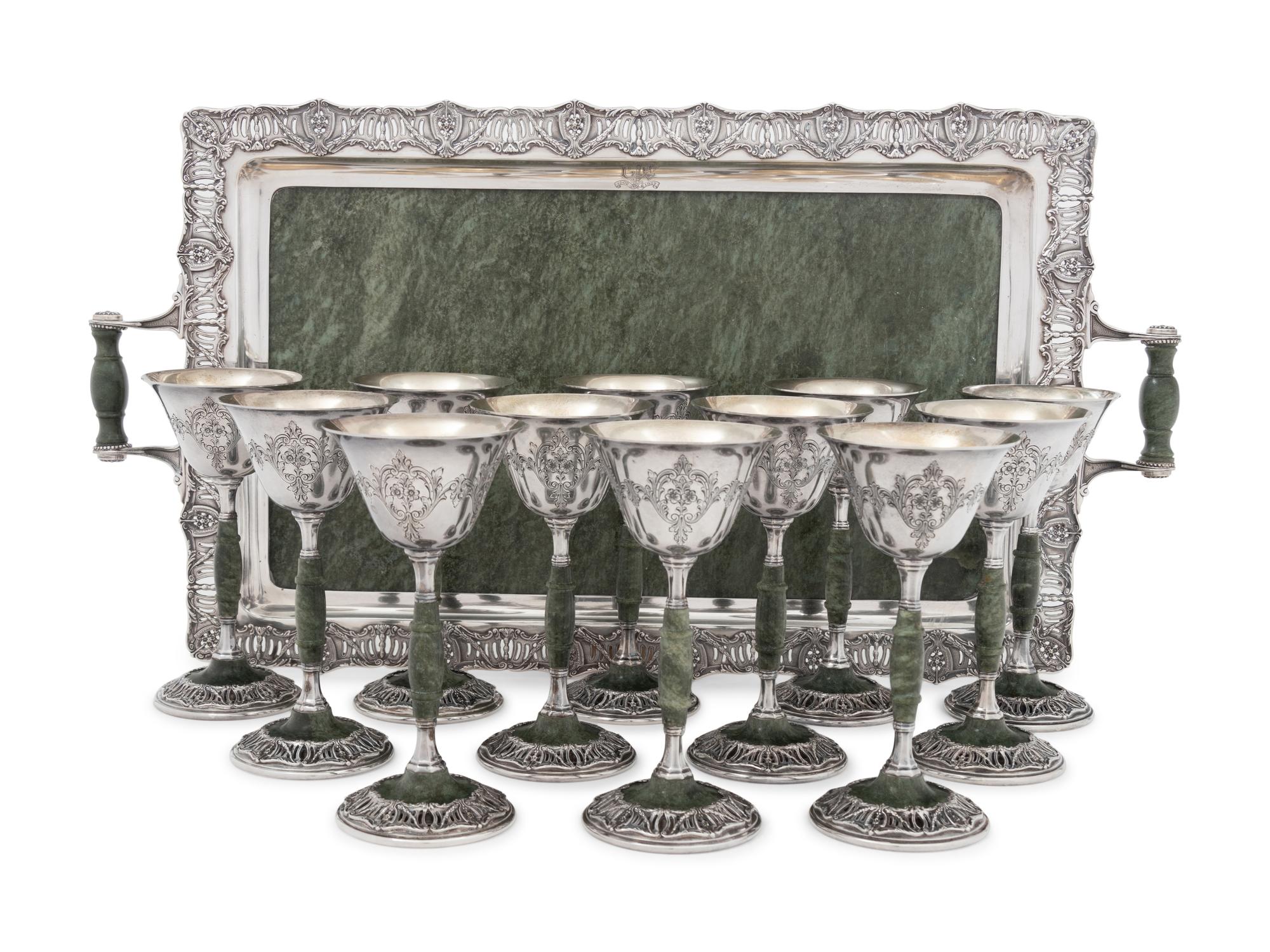 A Set of Twelve American Silver and Hardstone Goblets with Tray
