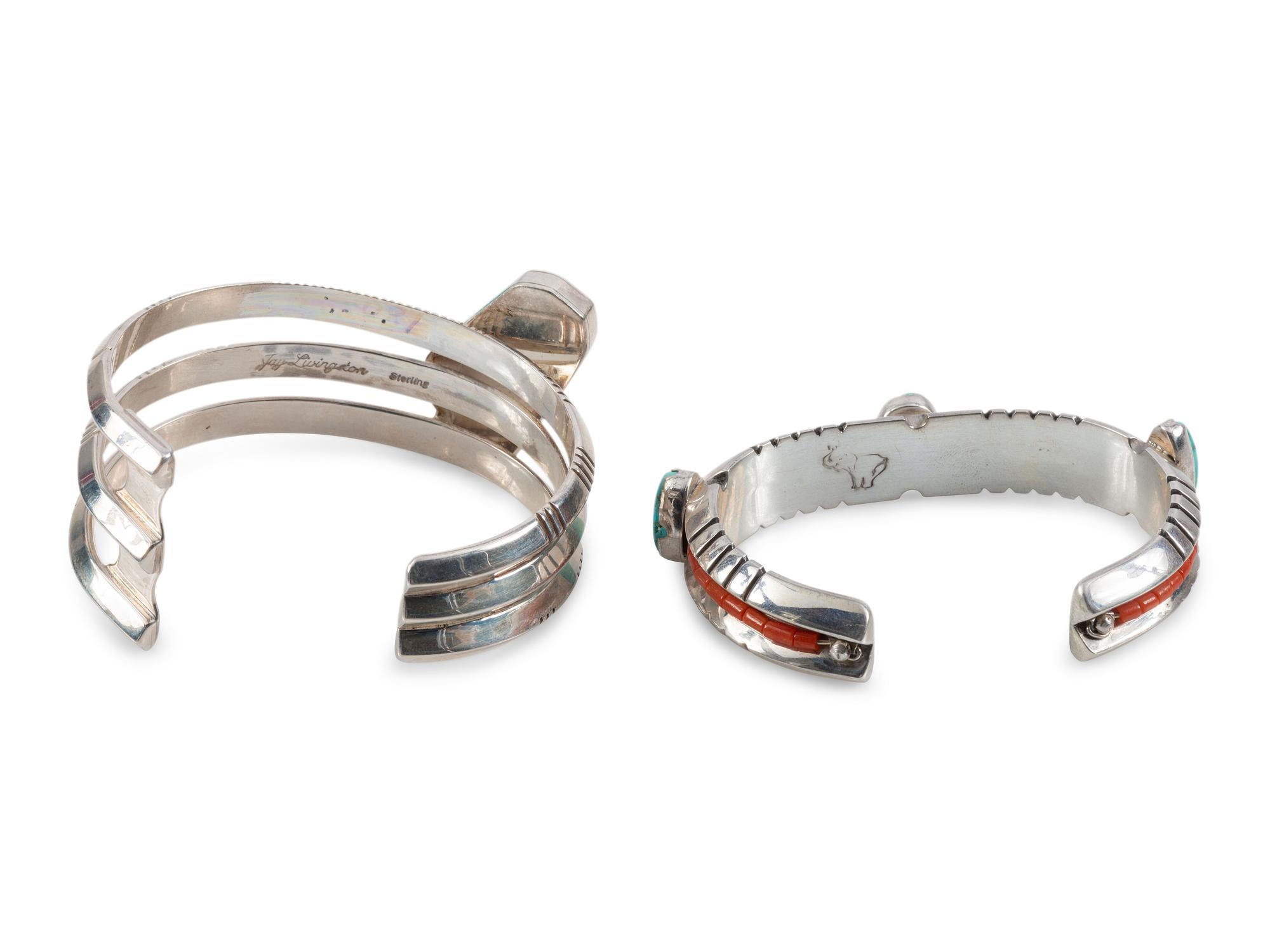 Navajo Silver, Turquoise, and Coral Contemporary Cuff Bracelets