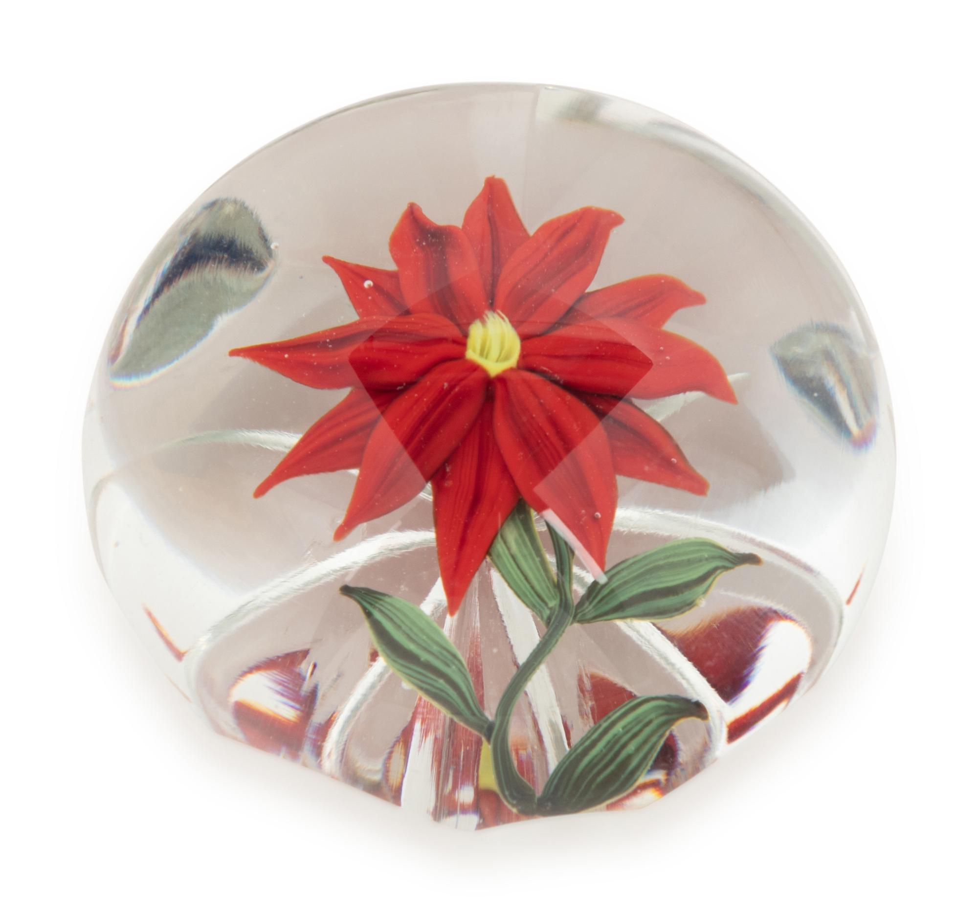 A Paul Stankard Red Poinsettia Glass Paperweight