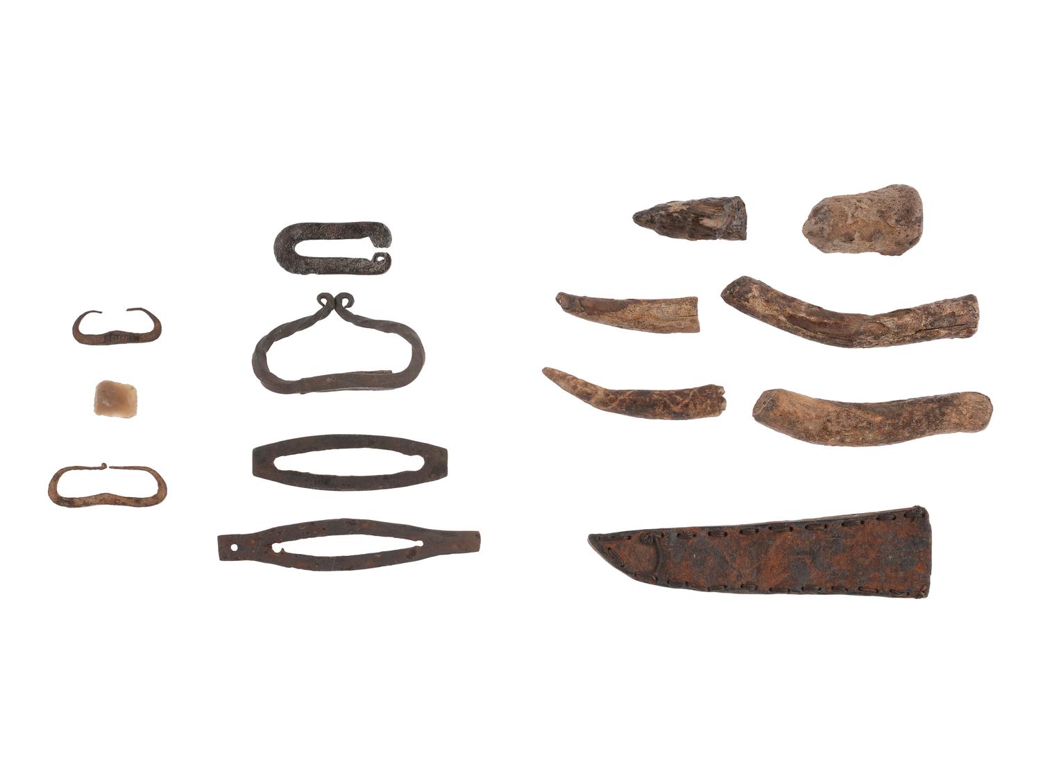 [NATIVE AMERICANS - RELICS]. Group of excavated tomahawks, strikers, and other edged weapons.