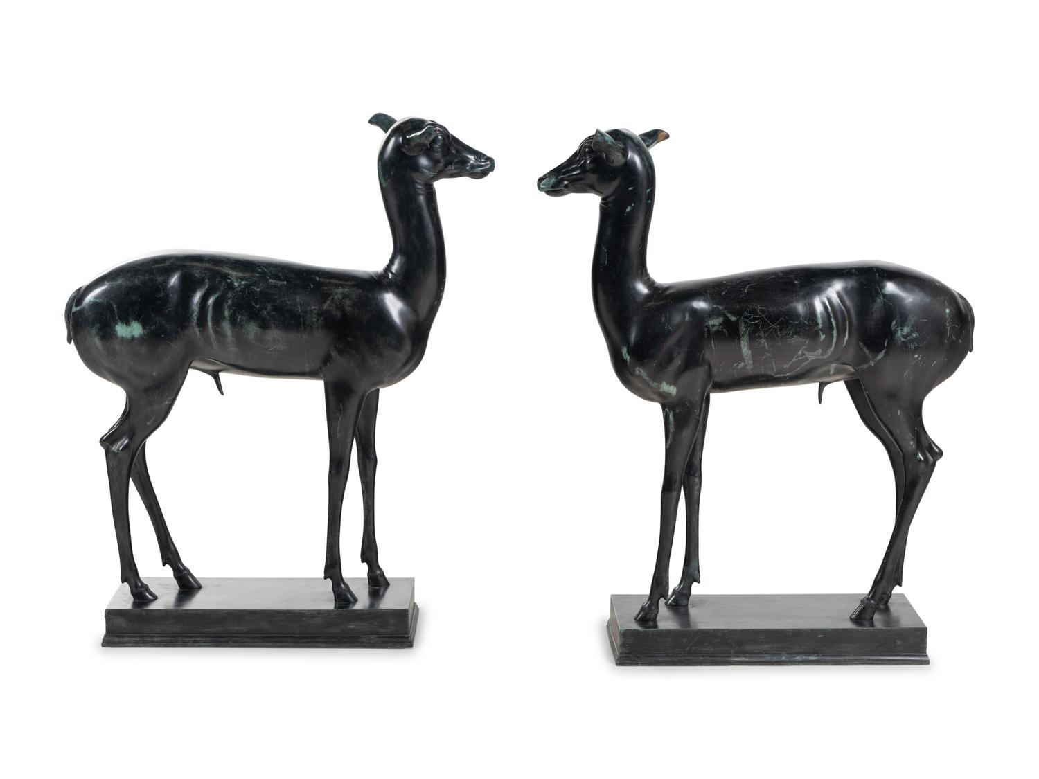 A Pair of Italian Bronze Figures of Pompeiian Fallow Deer After the Antique