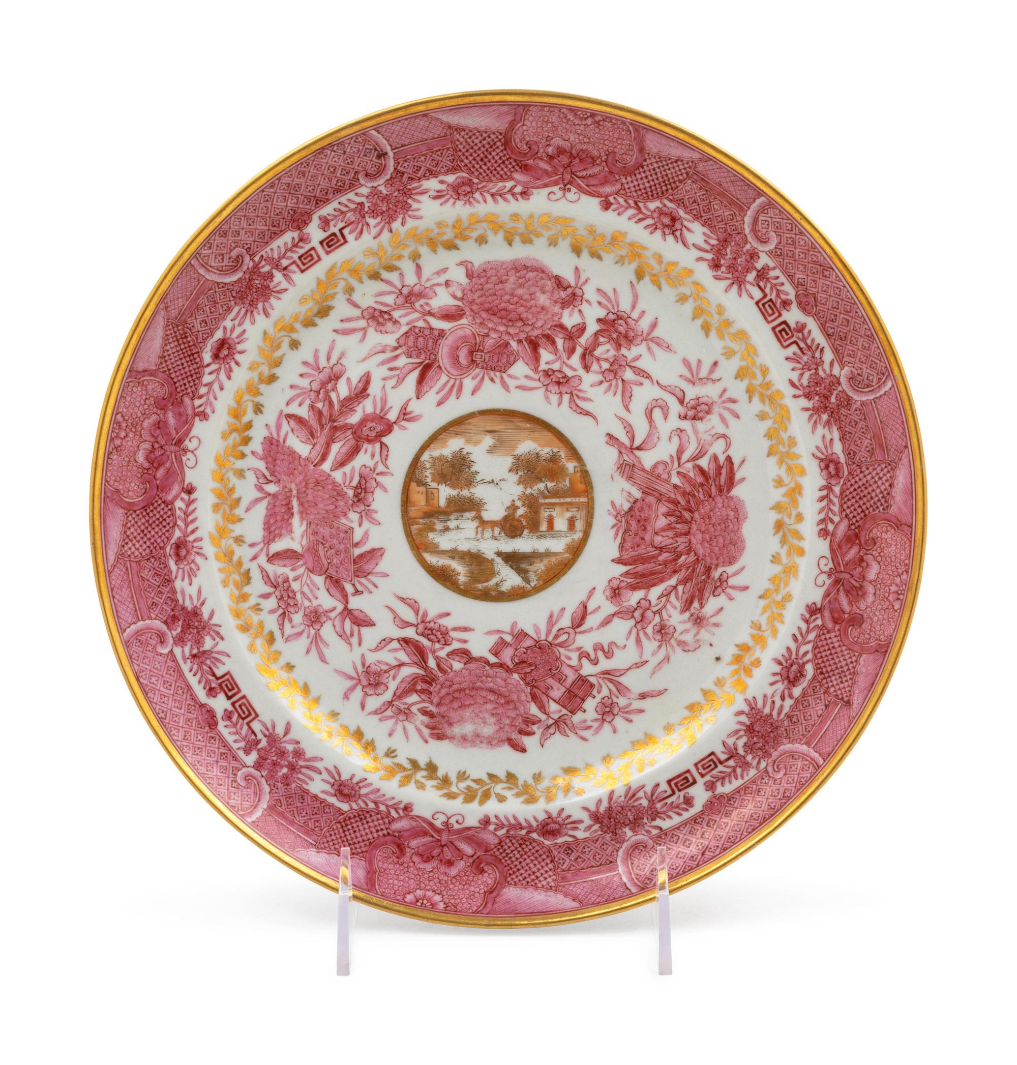 A Chinese Export 'Pink Fitzhugh' Porcelain Plate