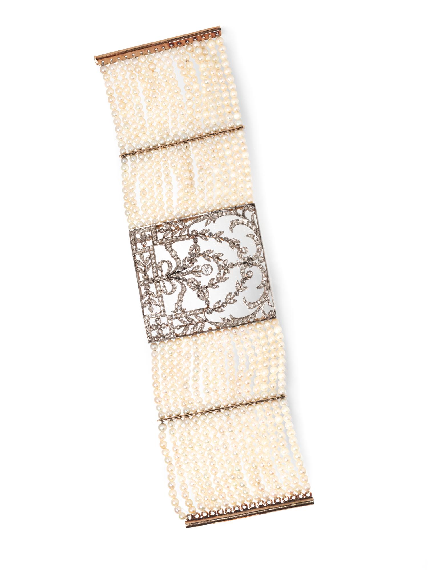FRENCH, BELLE ÉPOQUE, DIAMOND AND MULTISTRAND SEED PEARL BRACELET