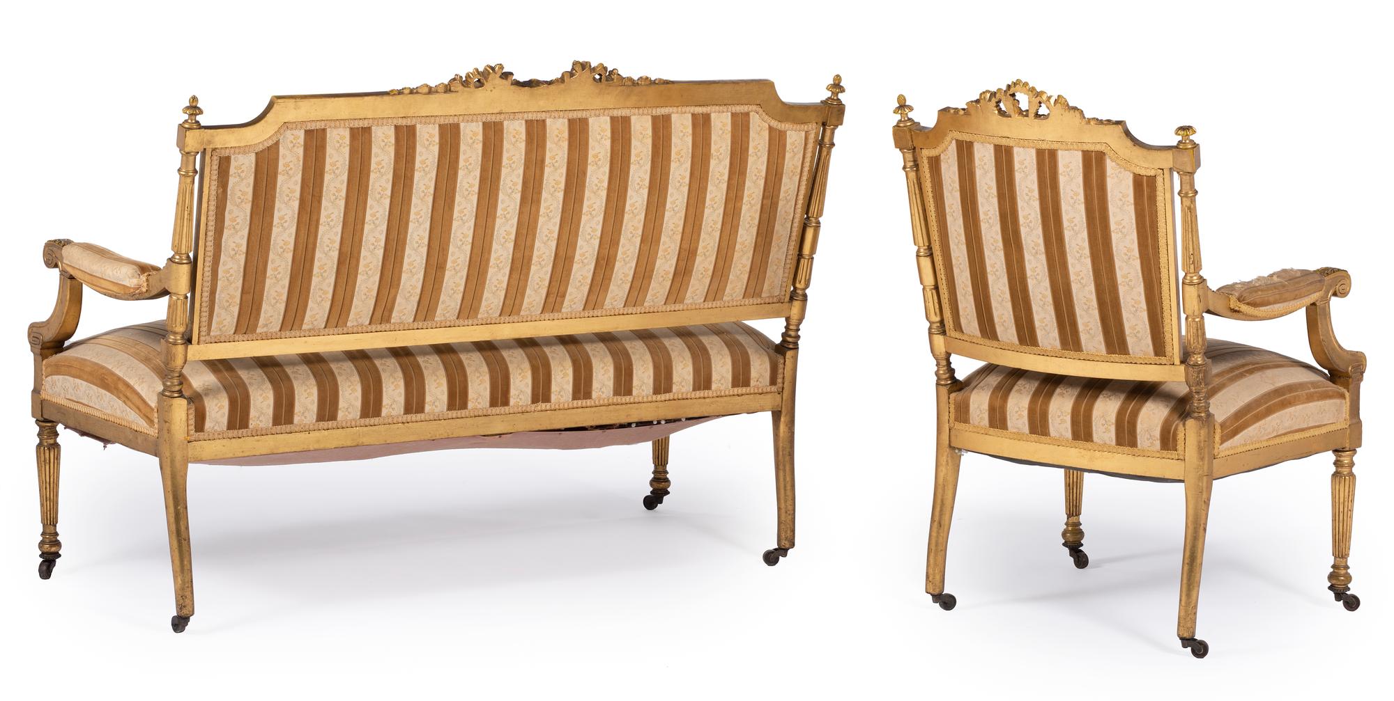 A Louis XVI Style Carved Giltwood Settee and Fauteuil