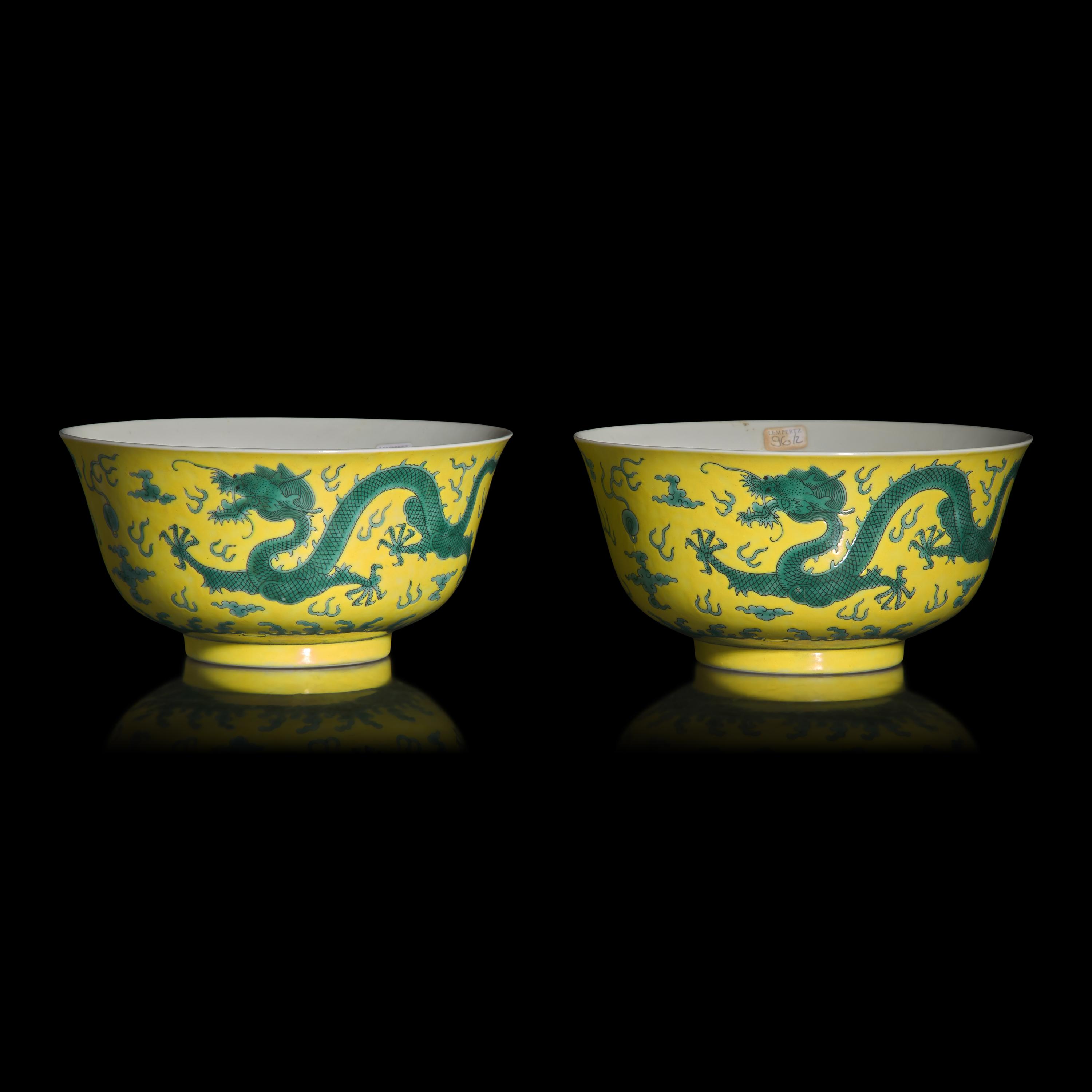 A Pair of Chinese Green Enameled Yellow Ground 'Dragon' Bowls, Guangxu Mark and of the Period — 清光緒 黃地綠彩雲龍紋碗一對