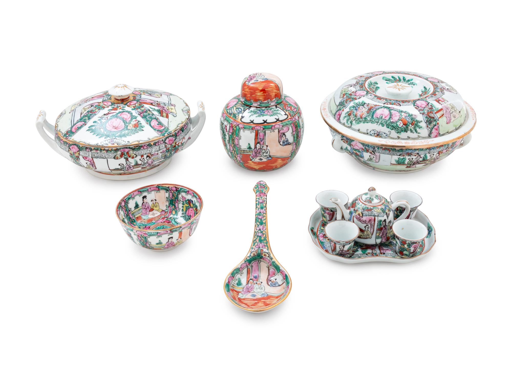 A Large Partial Set of Chinese Rose Medallion Porcelain Tea Service