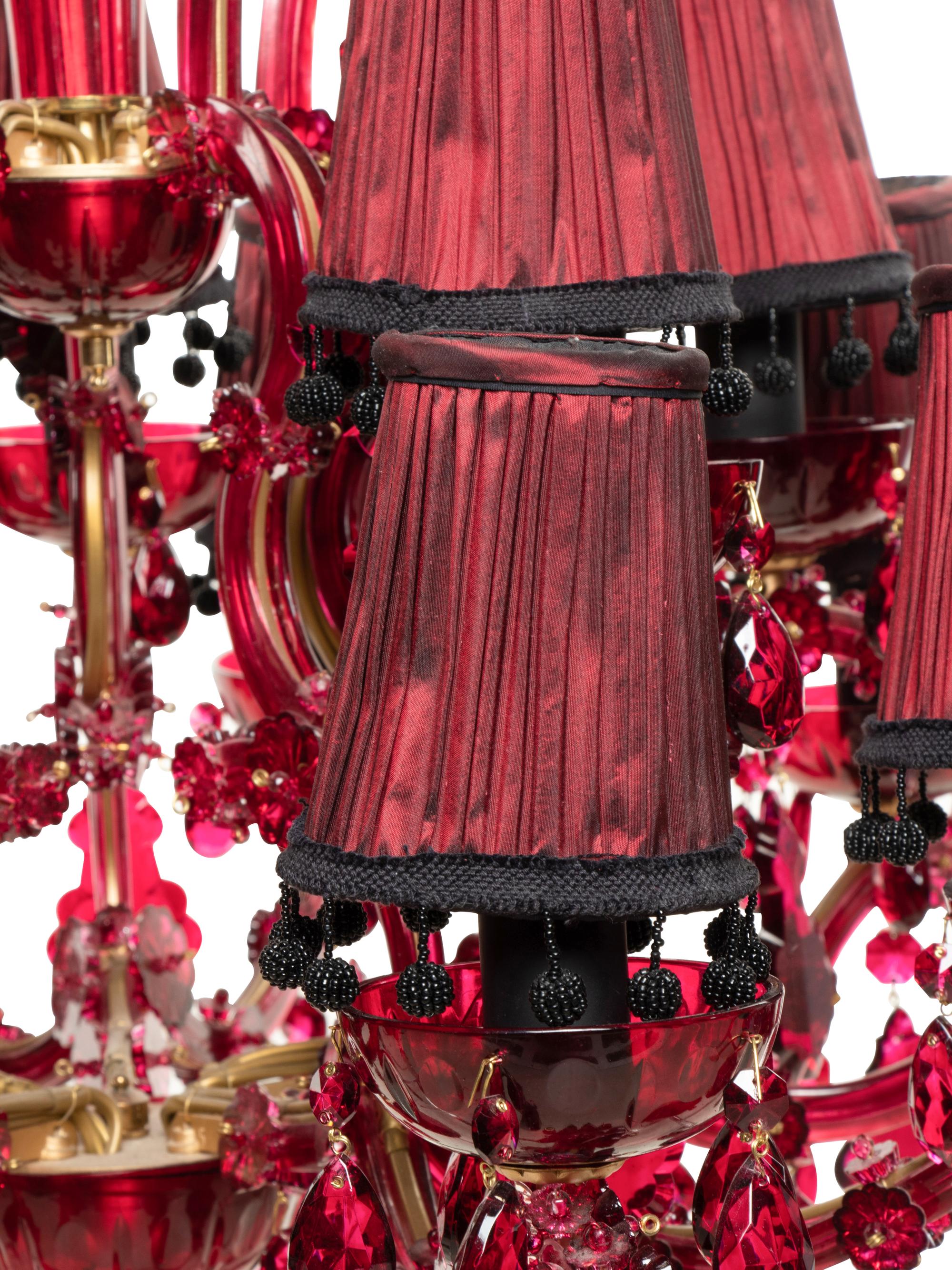 A Cranberry Glass Fifteen-Light Chandelier