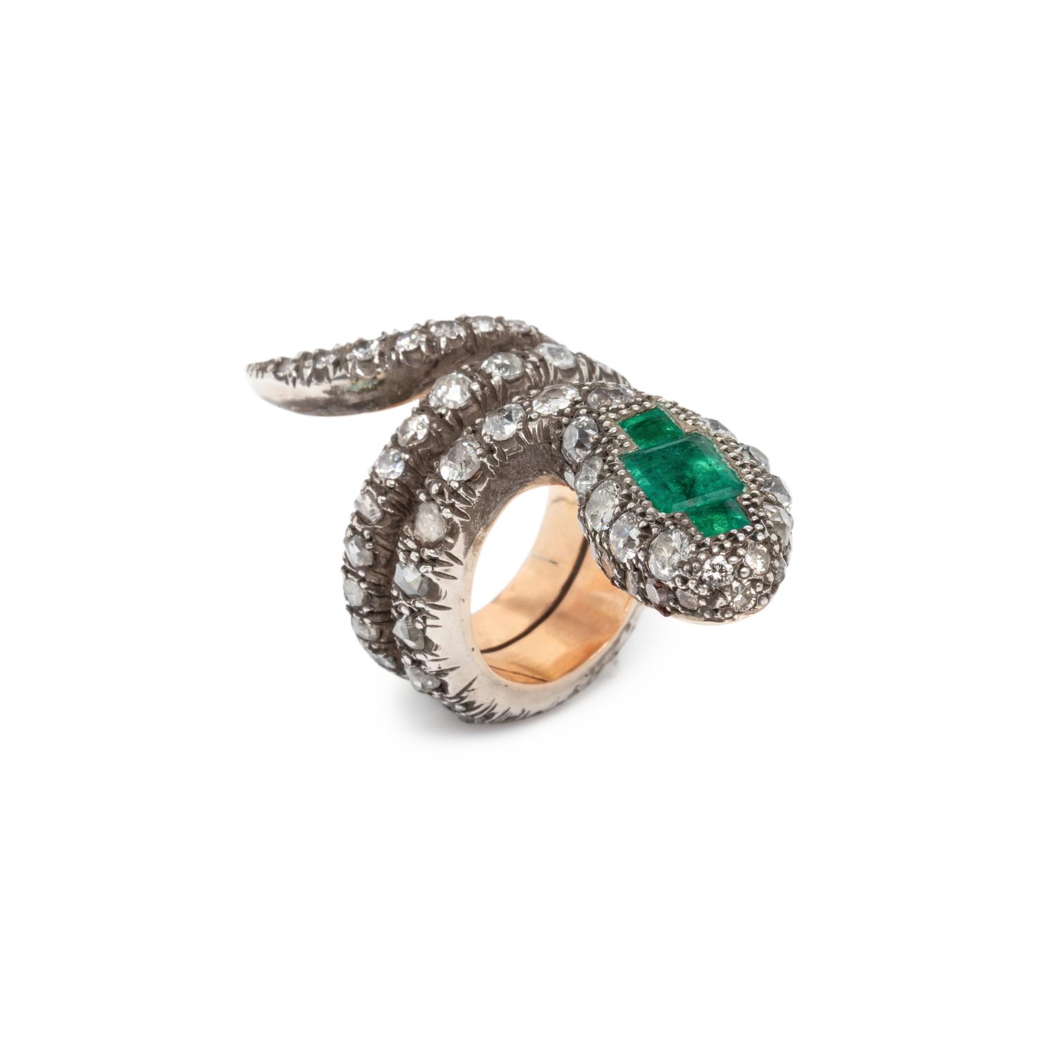 SILVER-TOPPED GOLD, EMERALD AND DIAMOND SNAKE RING