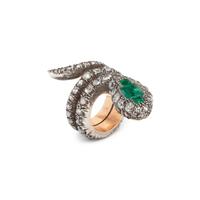 SILVER-TOPPED GOLD, EMERALD AND DIAMOND SNAKE RING