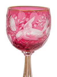 A Set of Twelve Bohemian Etched and Gilt Decorated Red Cut-to-Clear Wine Stems