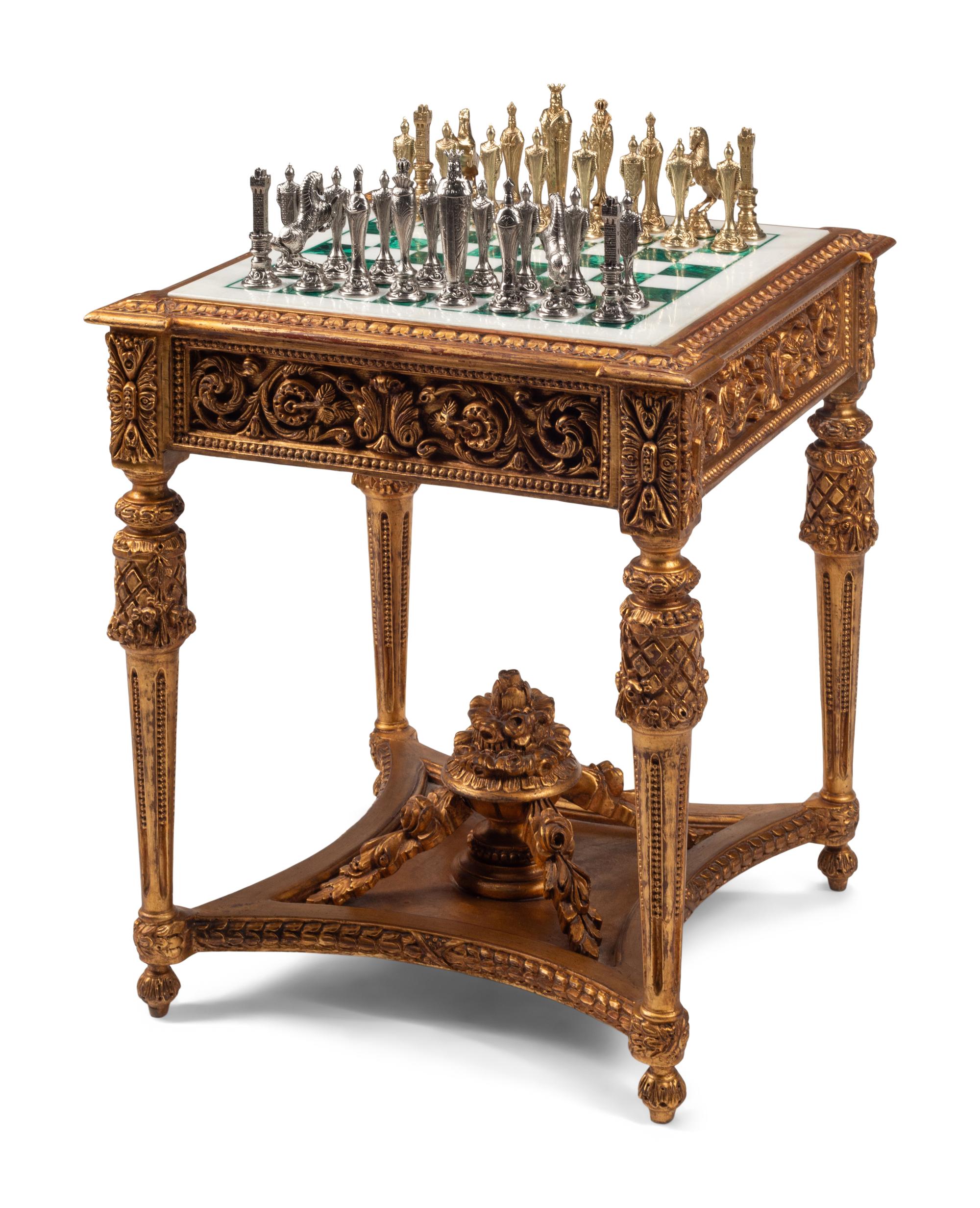 An Italian Neoclassical Style Giltwood Marble and Malachite-Top Chess Table