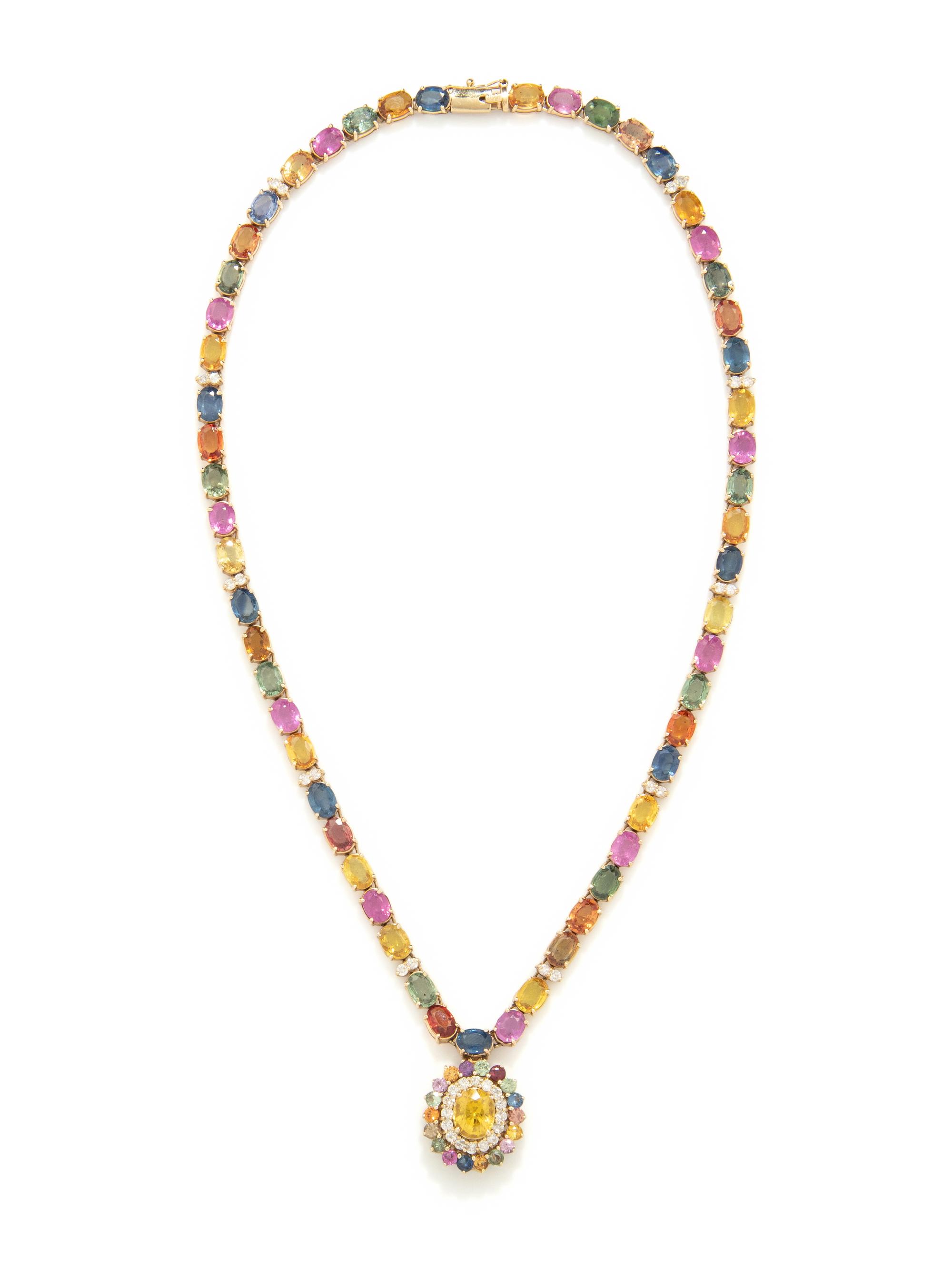MULTICOLORED SAPPHIRE, DIAMOND, AND YELLOW GOLD PENDANT NECKLACE