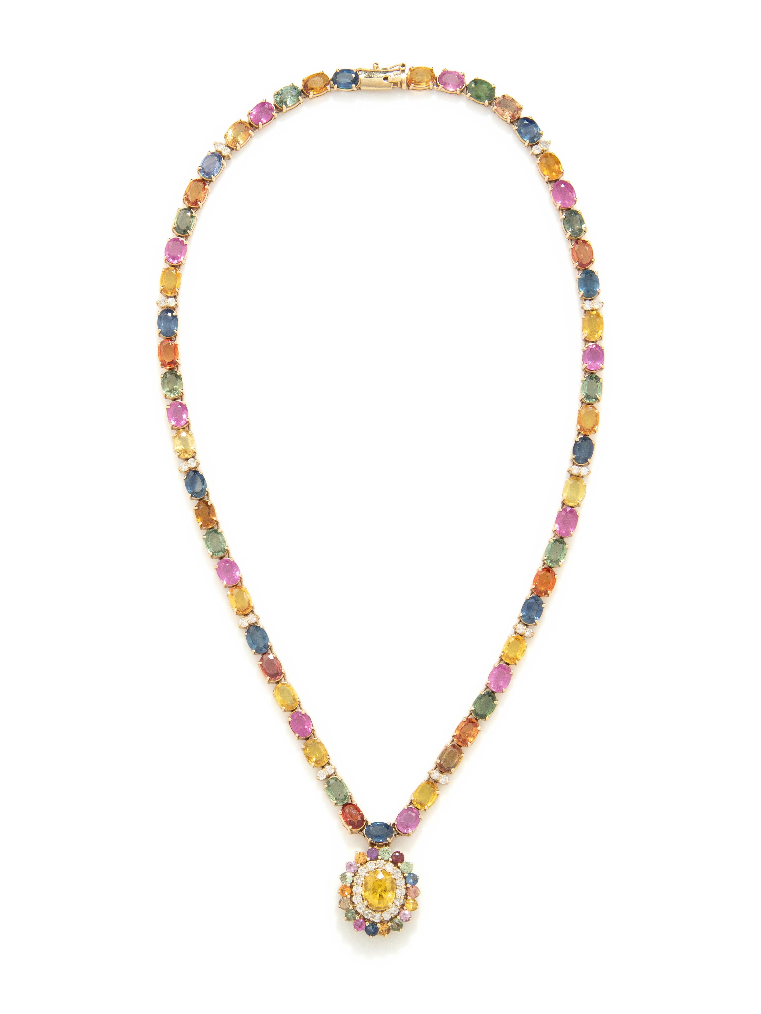 MULTICOLORED SAPPHIRE, DIAMOND, AND YELLOW GOLD PENDANT NECKLACE