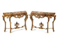 A Pair of Louis XV Style Porcelain Mounted Gilt Bronze Console Tables