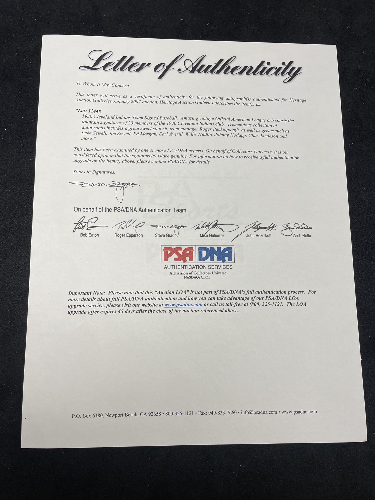 A 1930 Cleveland Indians Team Signed Autograph Baseball (PSA Auction Letter),