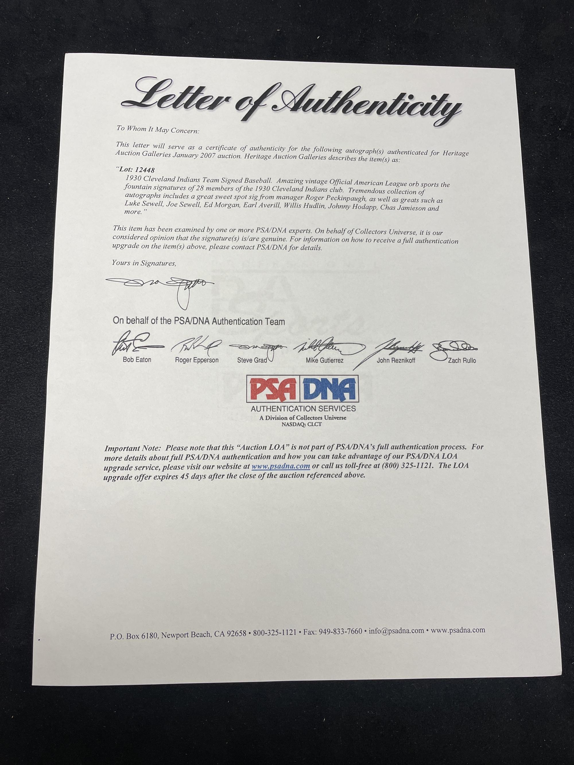 A 1930 Cleveland Indians Team Signed Autograph Baseball (PSA Auction Letter),
