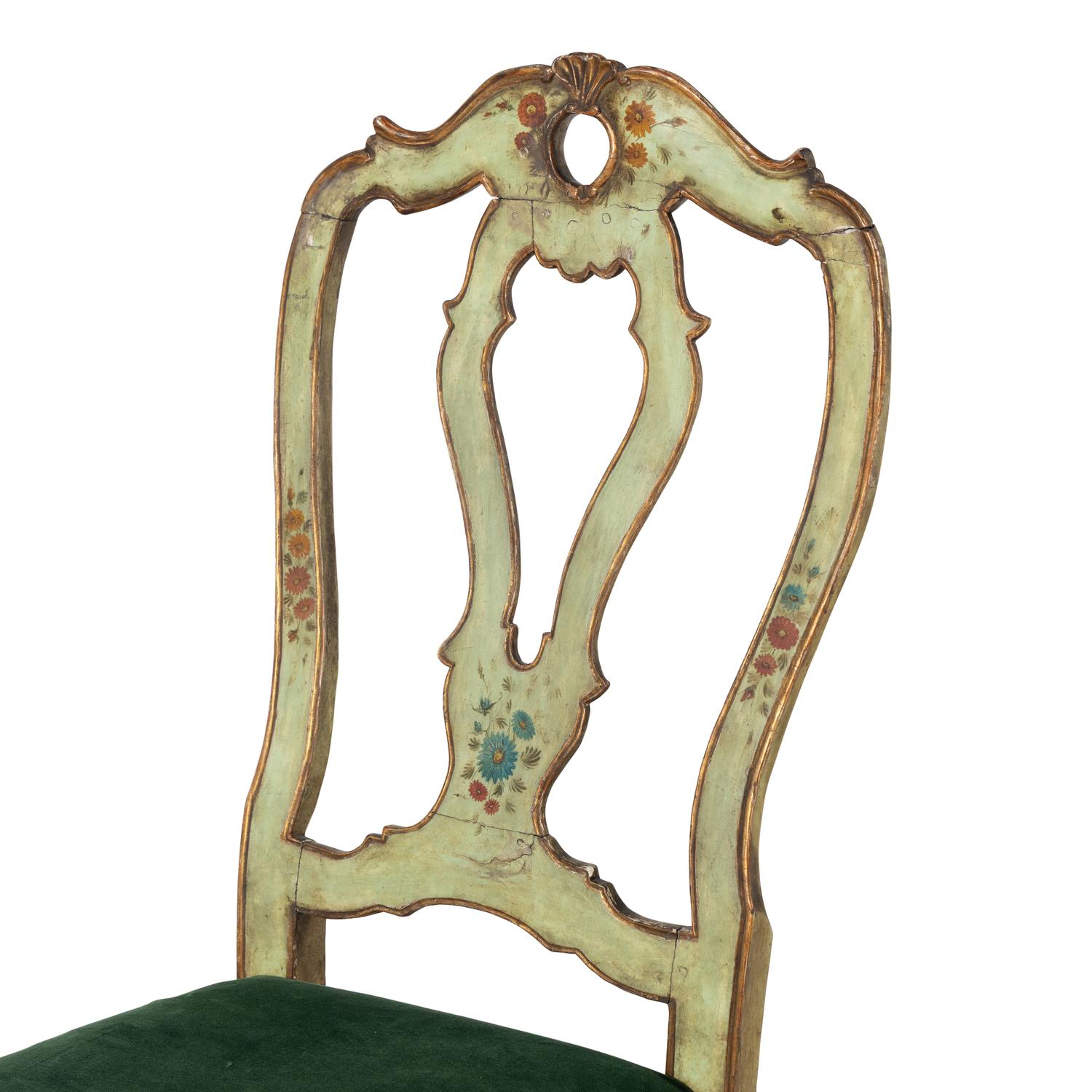A Pair of Venetian Green and Polychrome Decorated Side Chairs