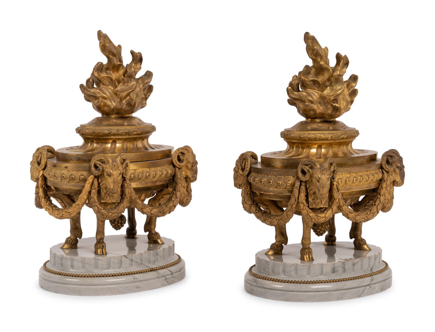 A Pair of French Neoclassical Gilt Bronze and Marble 'Flaming Urn' Ornaments