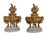 A Pair of French Neoclassical Gilt Bronze and Marble 'Flaming Urn' Ornaments
