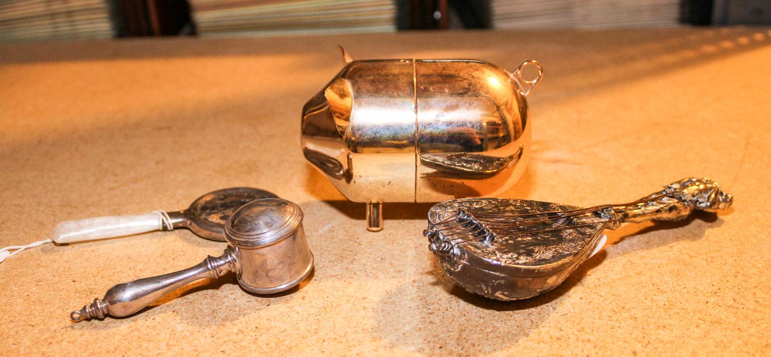 A Group of Silver and Silver-Plate Children's Articles, , comprising a Gorham mother-of-pearl and silver rattle, another silver rattle,