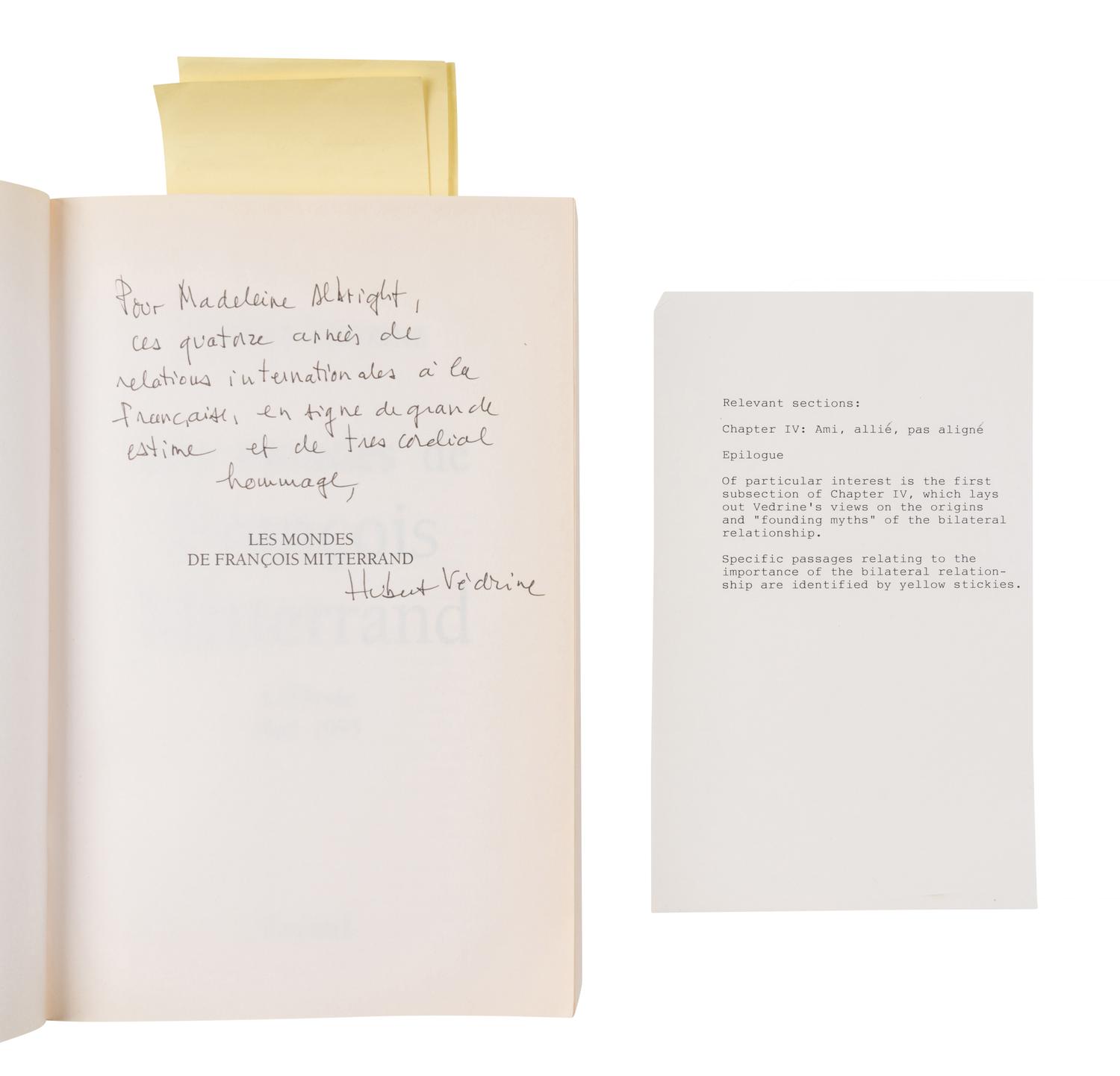 VEDRINE, Hubert A group of 9 works, most INSCRIBED TO SECRETARY ALBRIGHT: