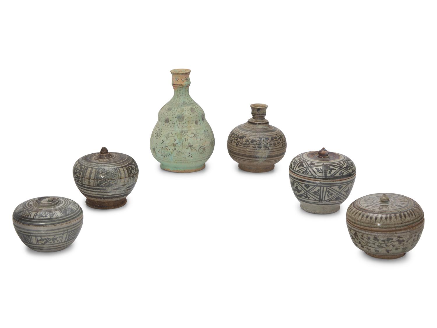 Four Thai Iron Brown-Decorated Stoneware Covered Boxes