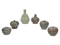 Four Thai Iron Brown-Decorated Stoneware Covered Boxes