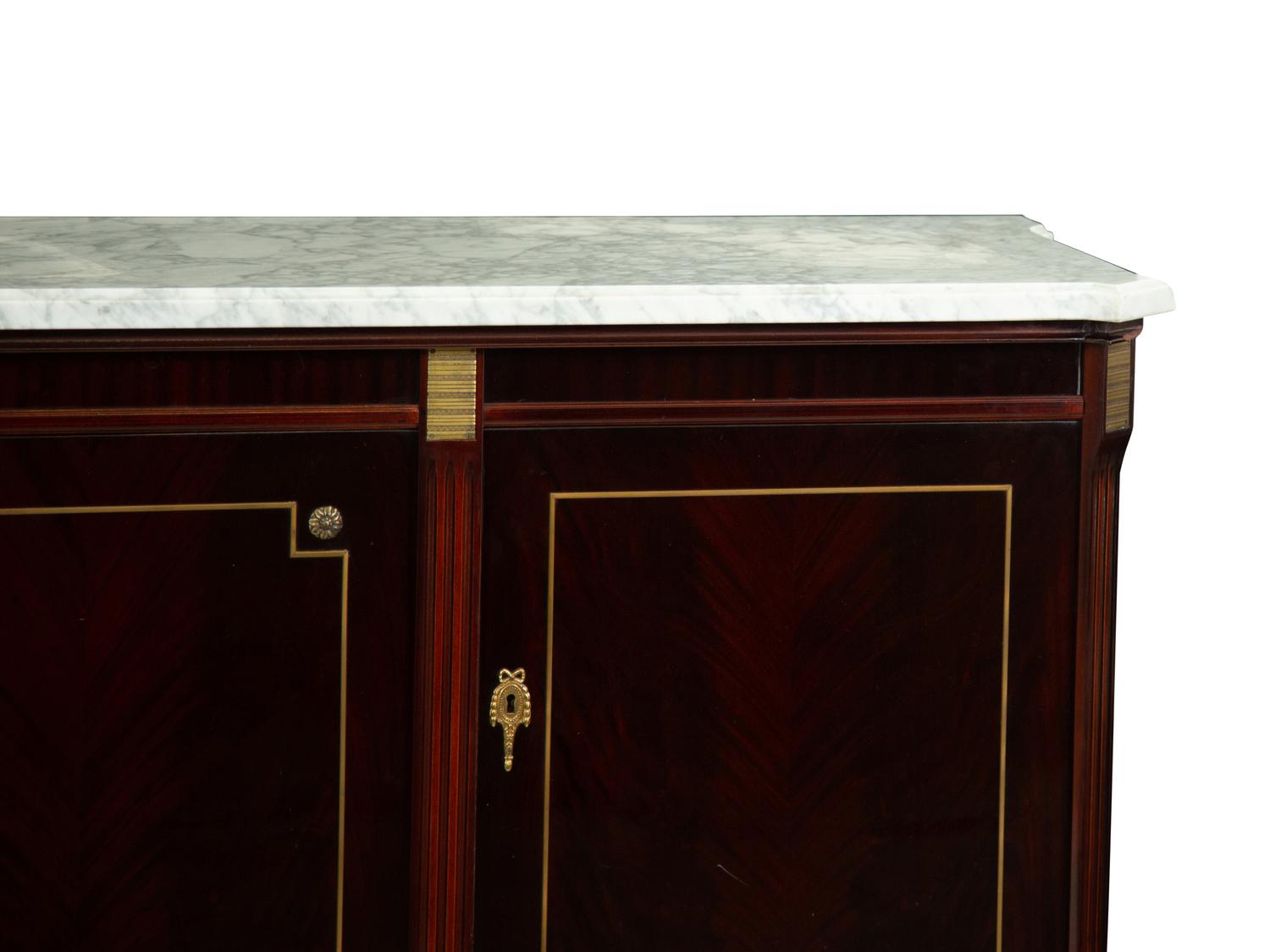A Louis XVI Style Mahogany Marble-Top Console Cabinet