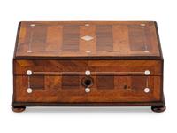 An English Rosewood, Burr Yew and Mother of Pearl Sewing Box