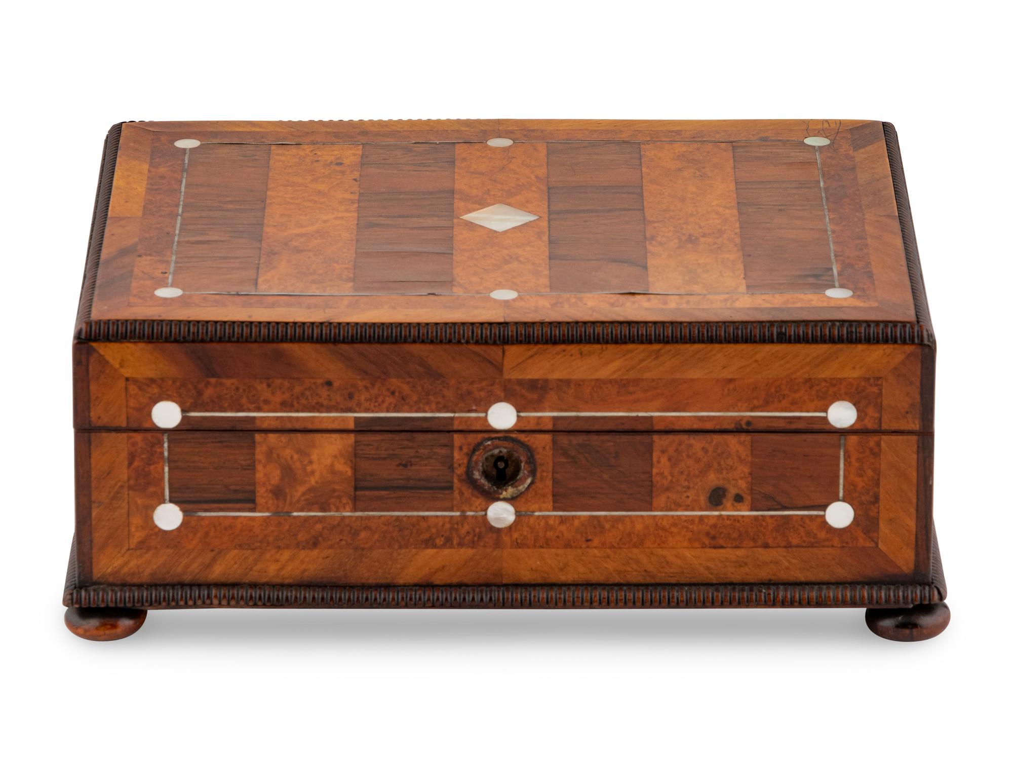 An English Rosewood, Burr Yew and Mother of Pearl Sewing Box