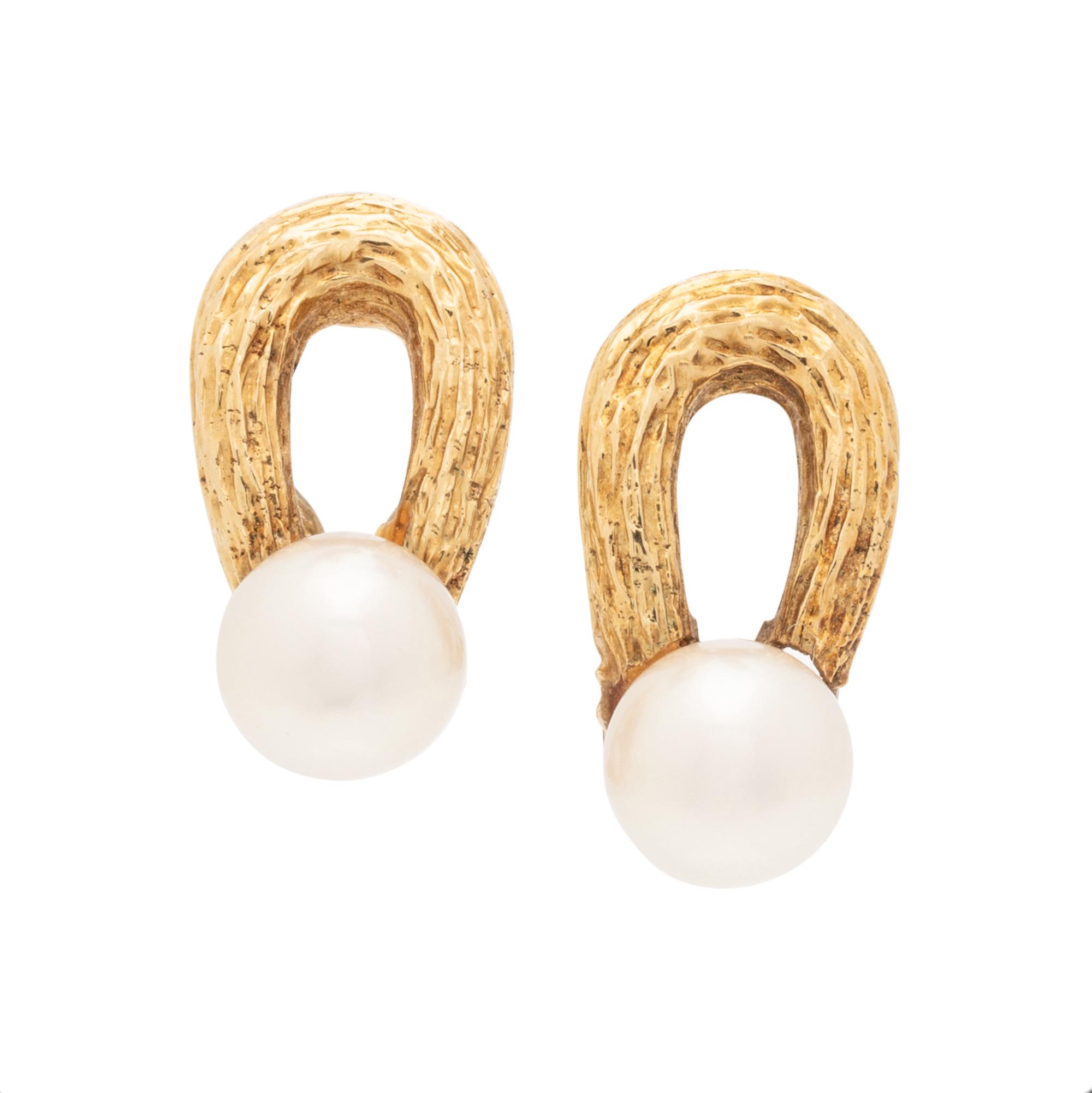 FRENCH, YELLOW GOLD AND CULTURED PEARL EARCLIPS