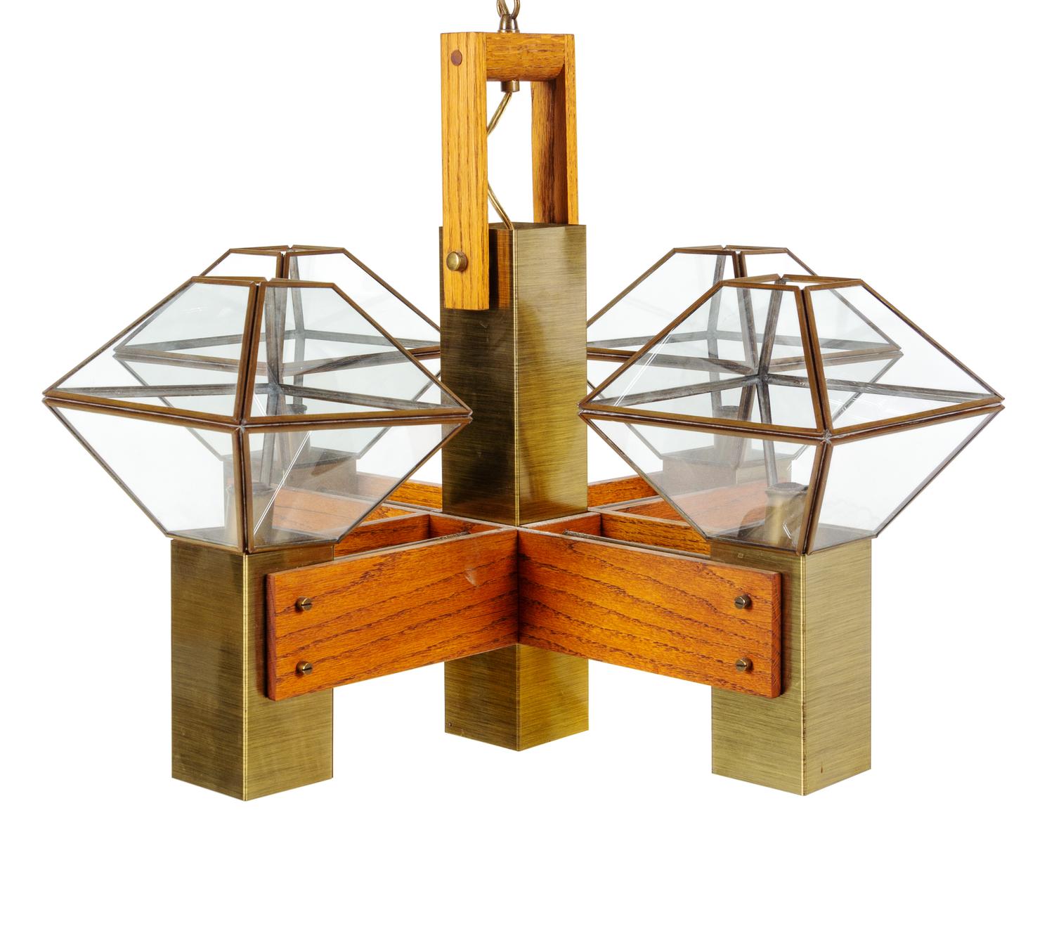 A Brass, Wood, and Glass Five-Light Chandelier