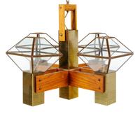 A Brass, Wood, and Glass Five-Light Chandelier