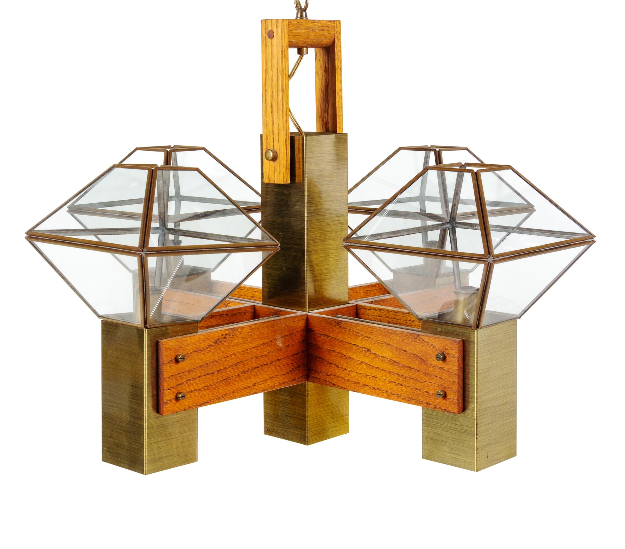 A Brass, Wood, and Glass Five-Light Chandelier