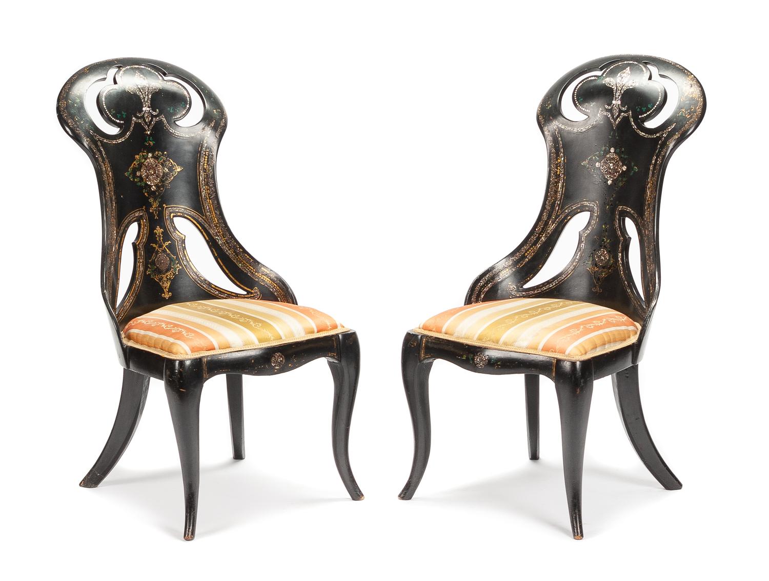 A Pair of Victorian Papier Mache Slipper Chairs Height 35 inches. — 19TH CENTURY