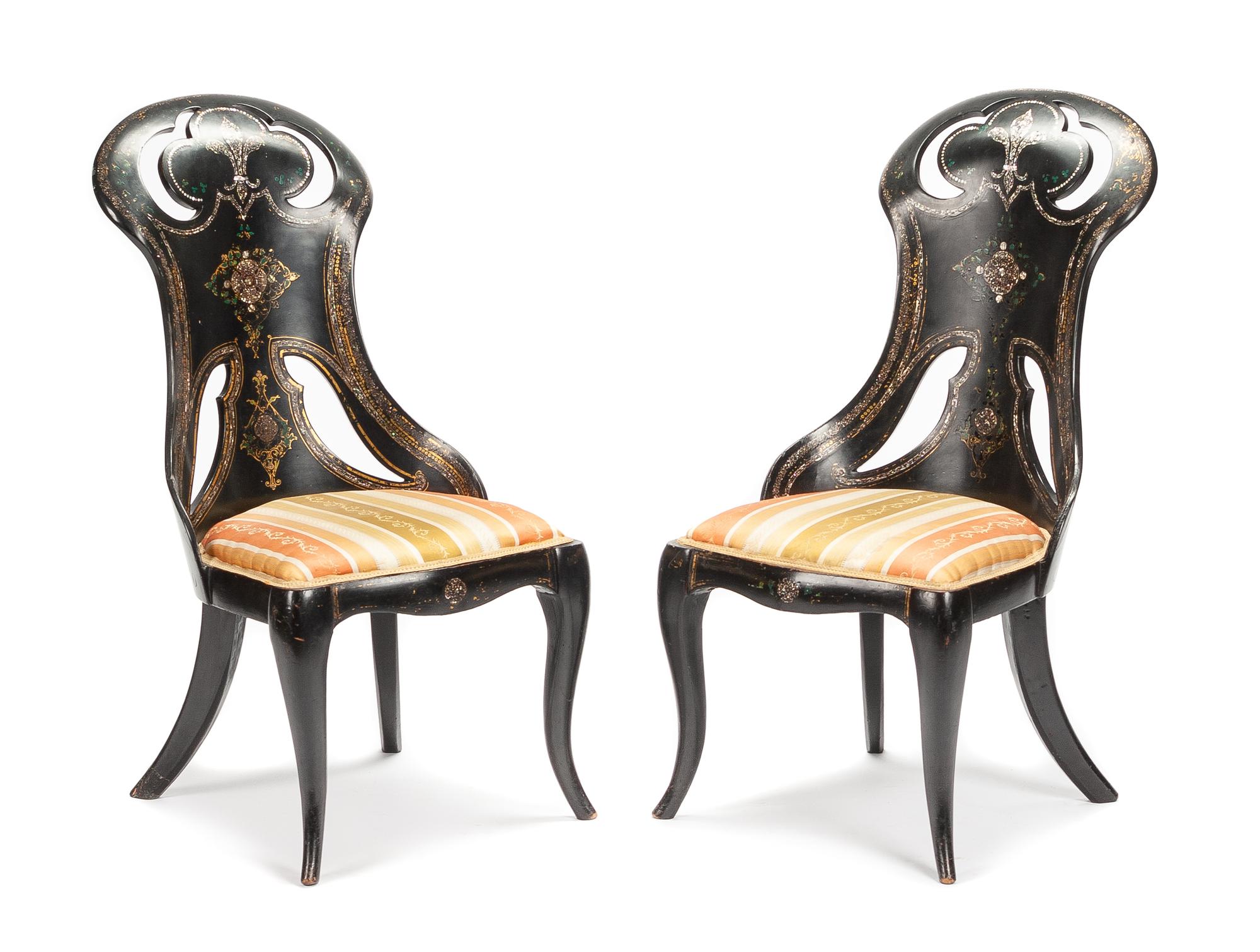 A Pair of Victorian Papier Mache Slipper Chairs Height 35 inches. — 19TH CENTURY