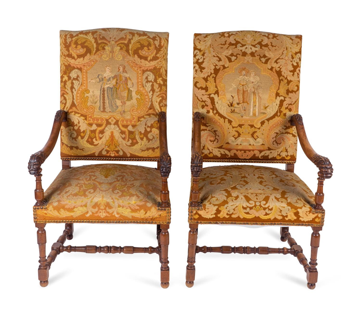 A Pair of Louis XIII Style Carved Walnut Needlepoint Upholstered Chairs — 19TH/20TH CENTURY