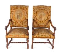 A Pair of Louis XIII Style Carved Walnut Needlepoint Upholstered Chairs — 19TH/20TH CENTURY
