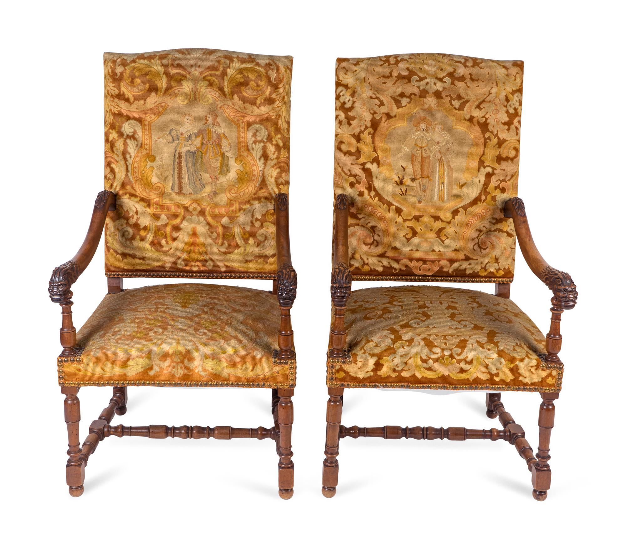 A Pair of Louis XIII Style Carved Walnut Needlepoint Upholstered Chairs — 19TH/20TH CENTURY