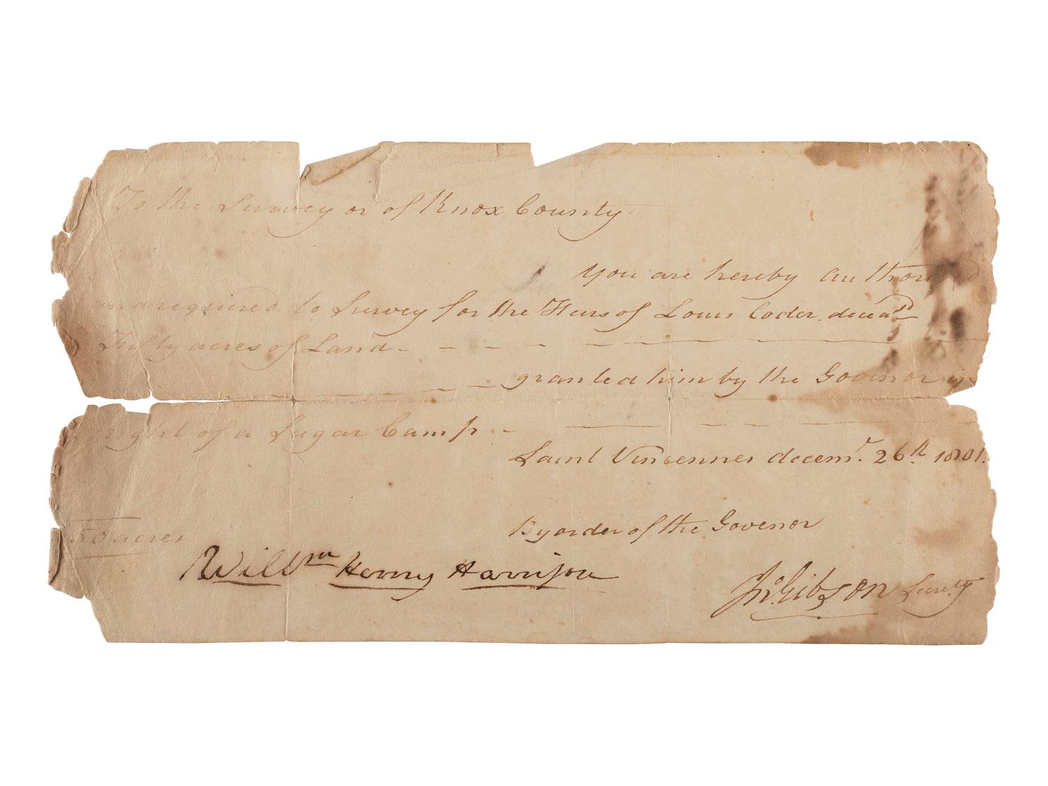 HARRISON, William Henry (1773-1841). Indiana Territory survey document signed ("Willm. Henry Harrison"), as 1st Governor of the Indiana Territory, Saint Vincennes, 26 December 1801.