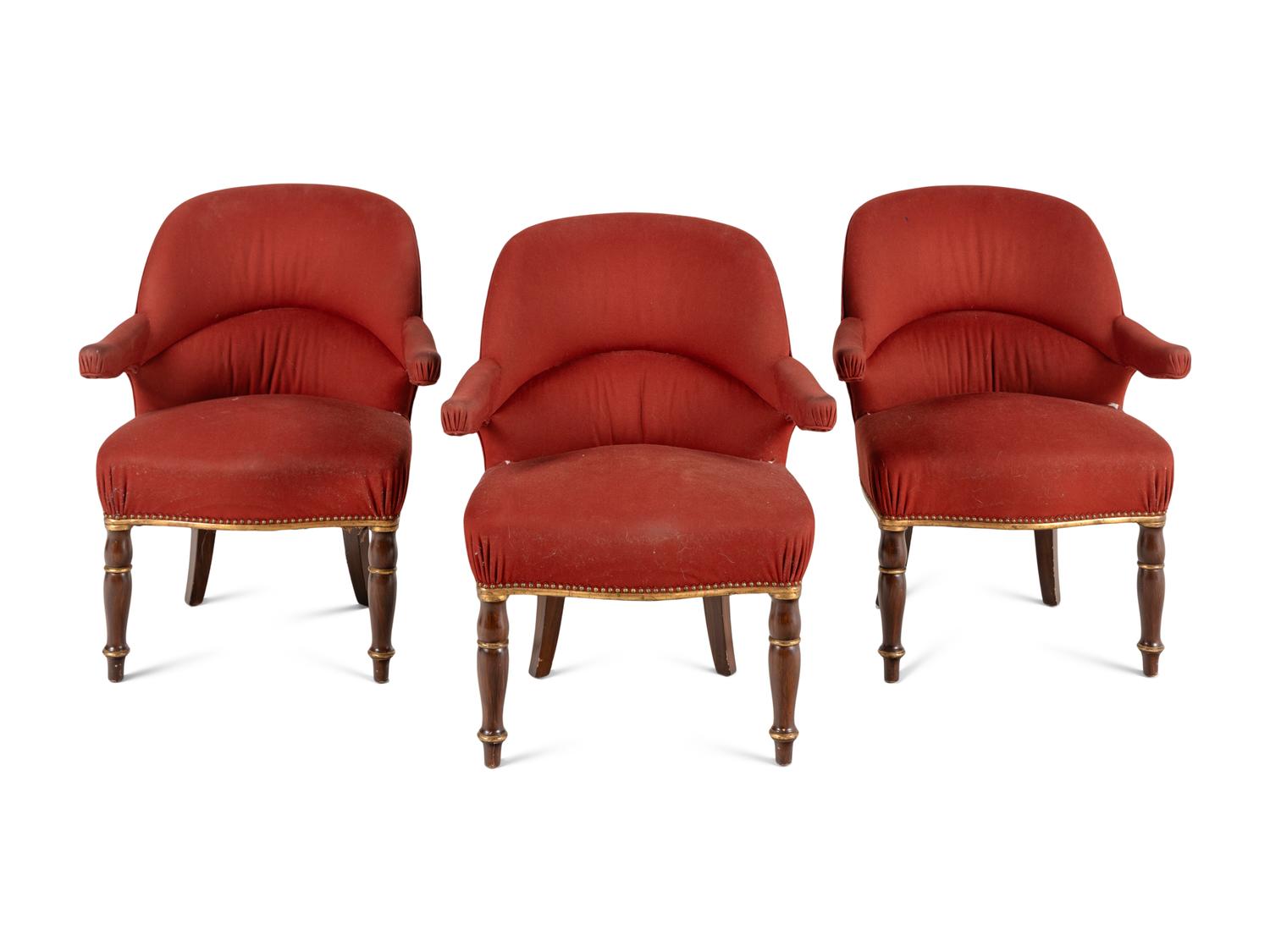 A Set of Three French Faux Bois and Parcel-Gilt Upholstered Armchairs