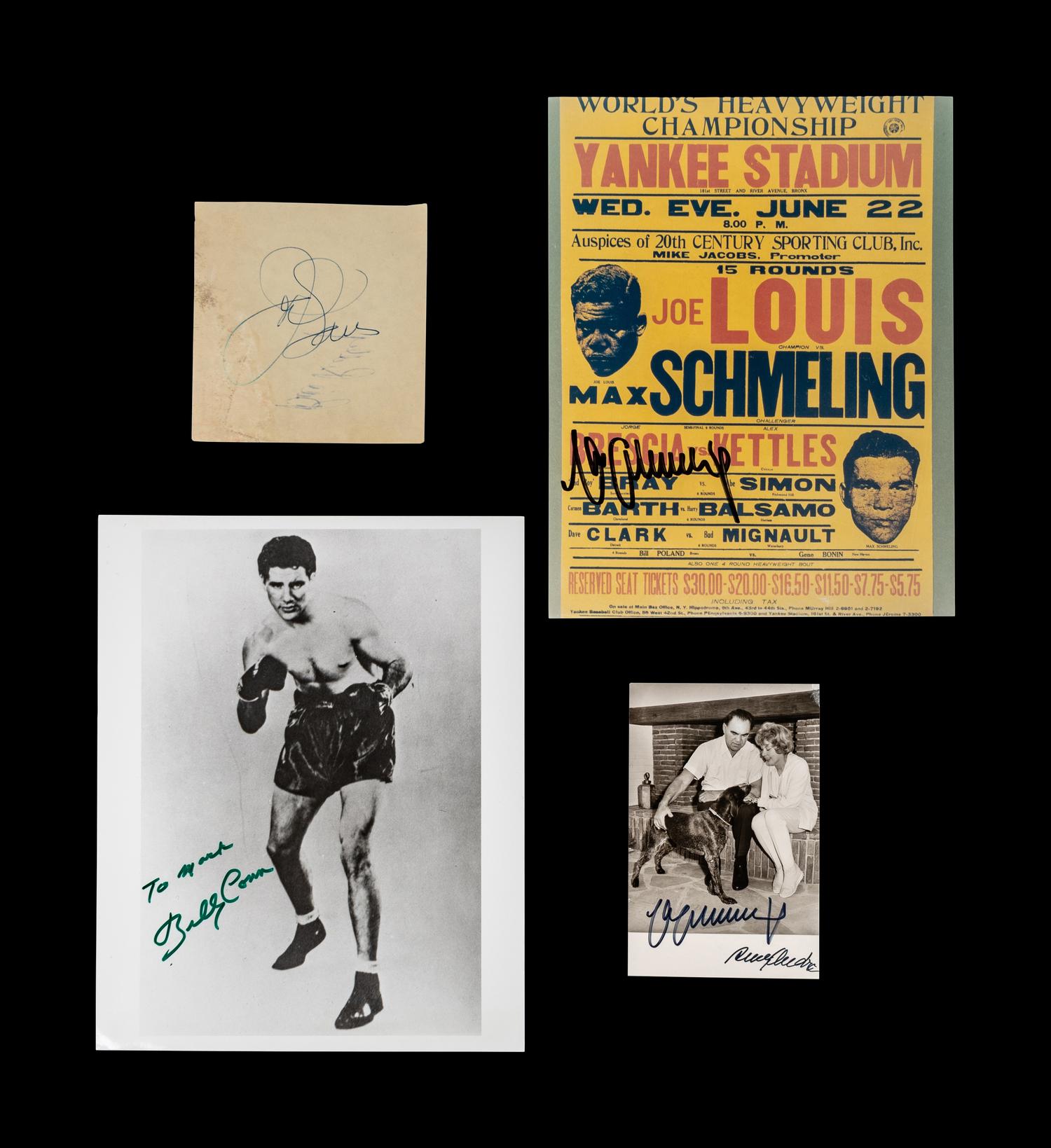 A Group of Joe Louis, Billy Conn and Max Schmeling Signed Autograph Items,