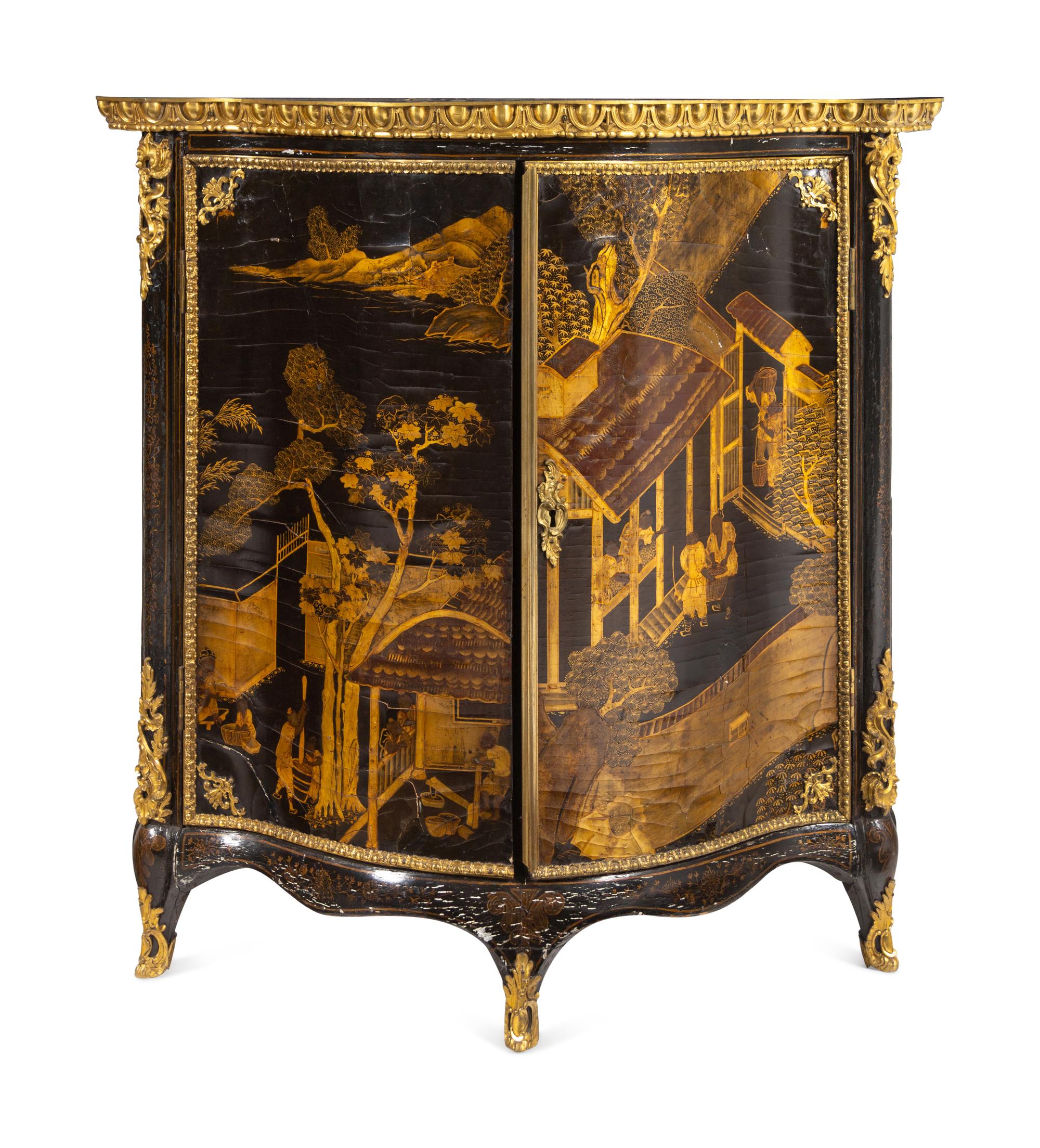 A Pair of George III Gilt Ormolu-Mounted Chinese Lacquer Corner Cabinets