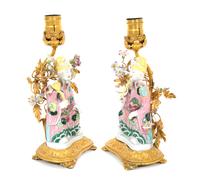 A Pair of Chinese Export Gilt Bronze Mounted Porcelain Figural Lamps