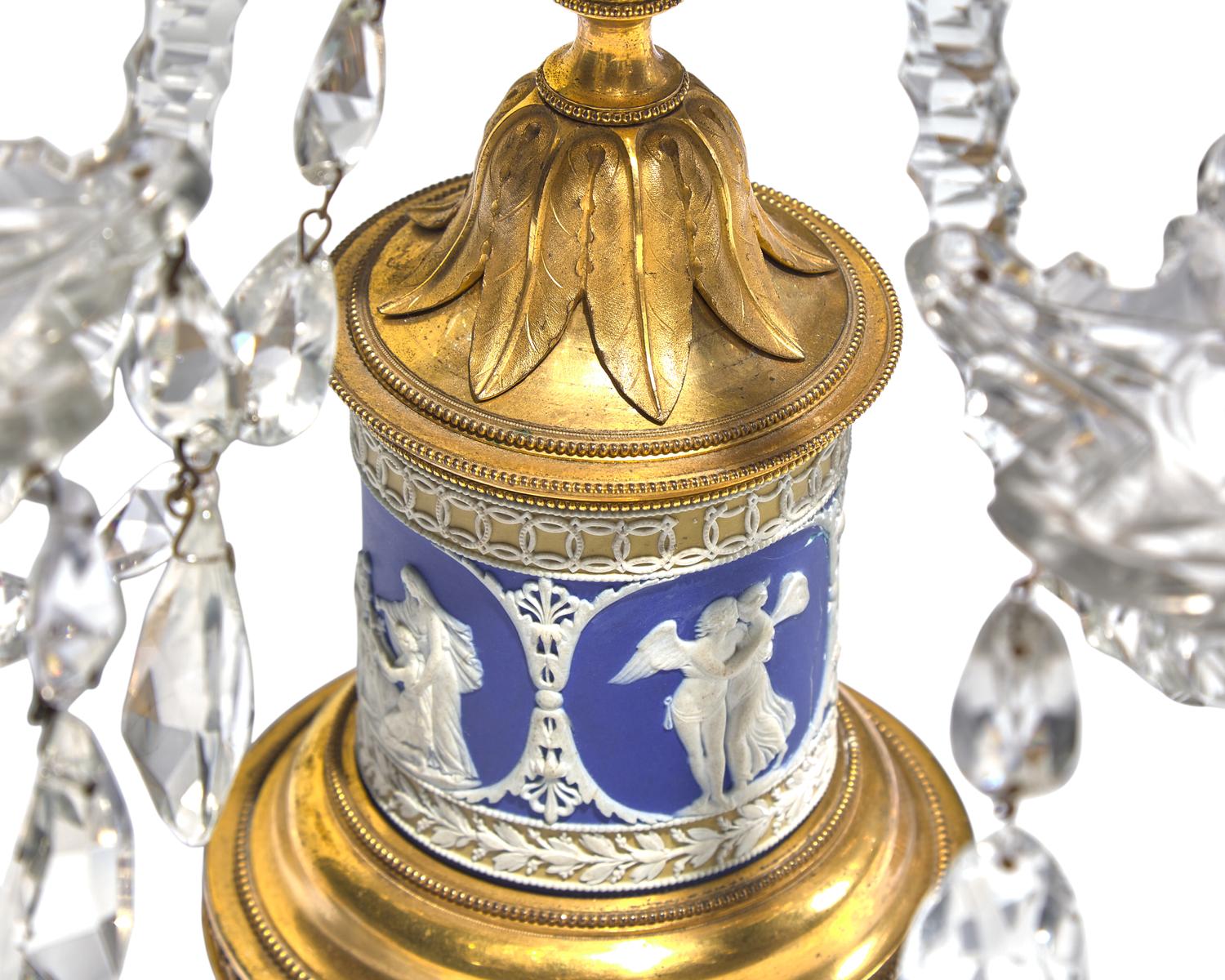 A Pair of George III Neoclassical Colorless Cut-Glass, Jasperware, and Gilt-Metal Girandoles