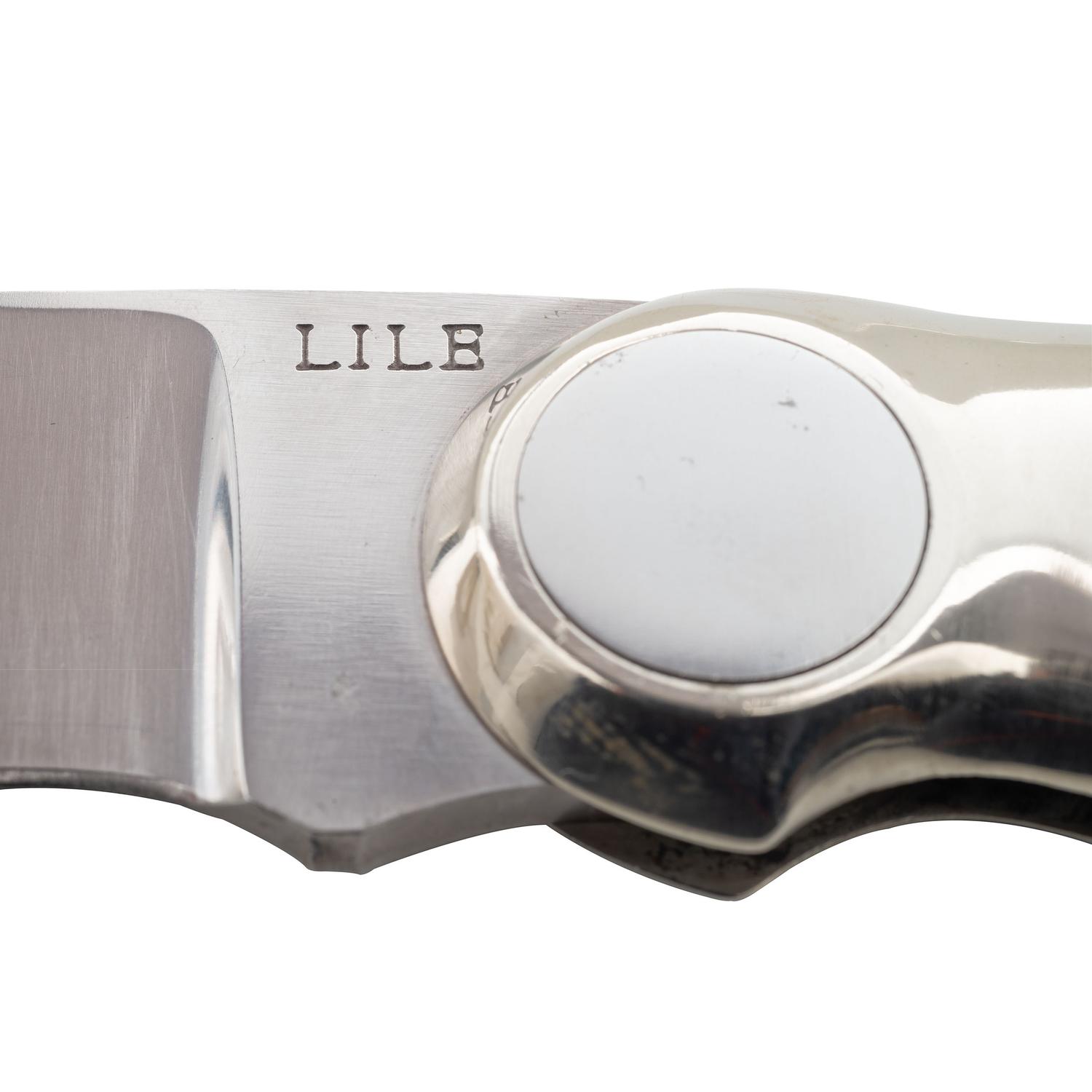 Jimmy Lile Button Lock Folding Knife with Staghorn Grips, No Dot Mark, and Engraved Patent Mark