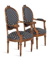 A Pair of Louis XVI Style Walnut Fauteuils
