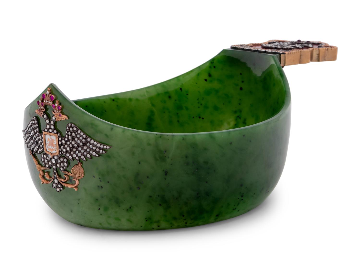 A Russian 14-Karat Gold, Enamel and Diamond Mounted Jade Kovsh