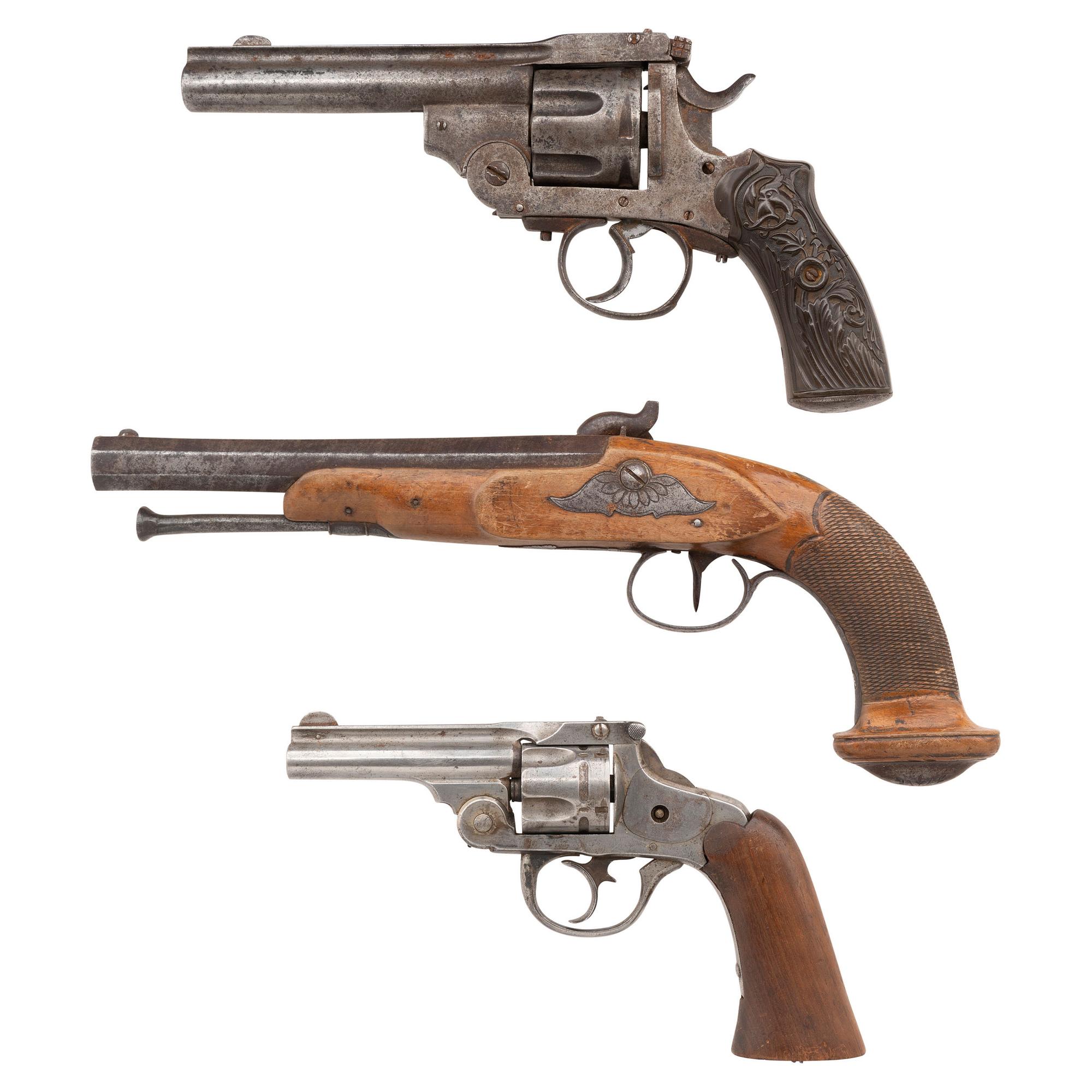 Lot of 19th Century Pistols Including: Smith & Wesson .38 DA, Belgian Break Top Revolver and Percussion Pistol